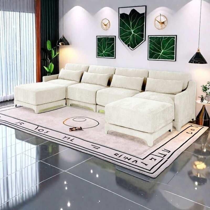 Modern Chenille 4-Seater Sofa with 2 Ottoman, Lumbar Cushions, Ergonomic Backrest, High-Resilience Spongeand Tufted Armrests