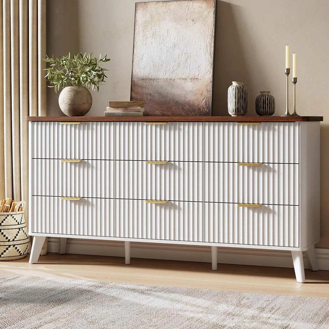 Fluted 9-Drawer Dresser, 60.6" Wide Modern Wooden Chest with Curved Design, Dresser TV Stand for Living Room, Walnut