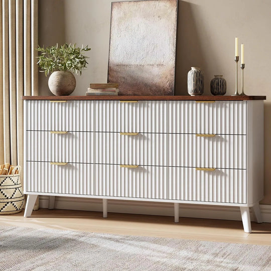Fluted 9-Drawer Dresser, 60.6" Wide Modern Wooden Chest with Curved Design, Dresser TV Stand for Living Room, Walnut