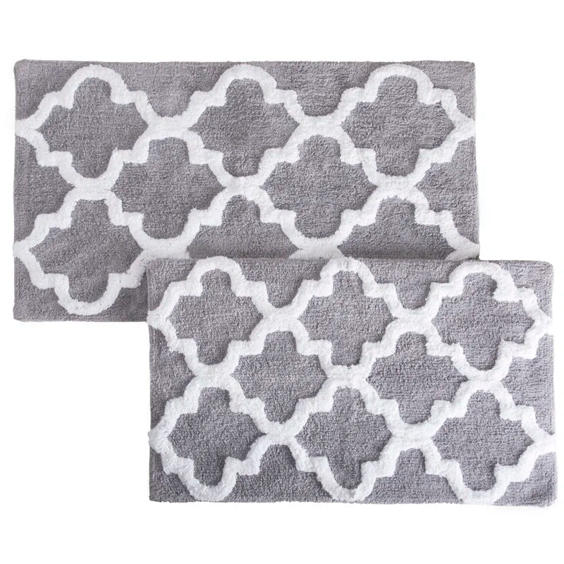 Bassam 2PC 100% Cotton Bathroom Rug Set - with Trellis Pattern and Non-Slip Base - Machine Washable Bathroom Mats