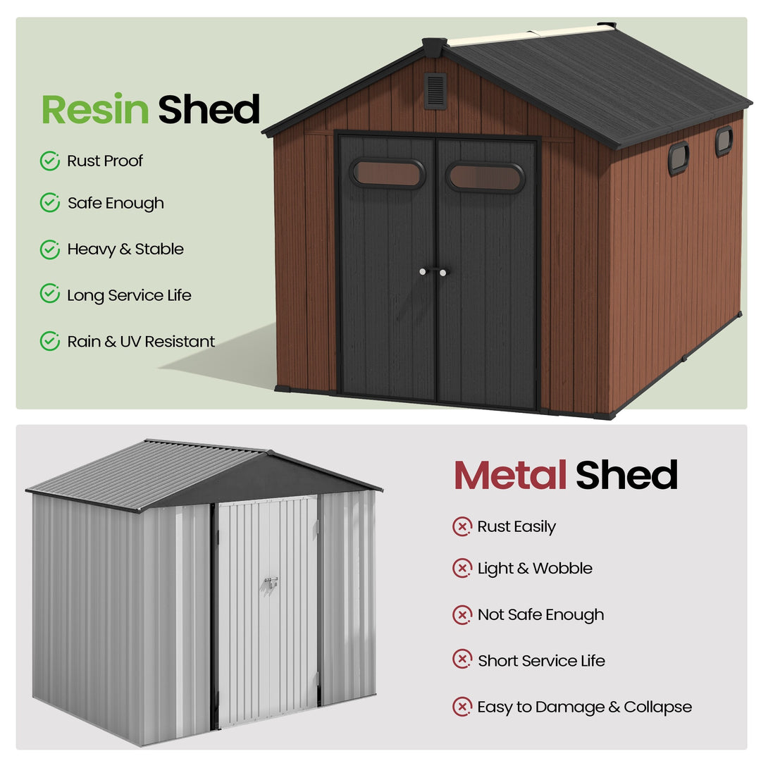 8X8/8X10/8X12 FT All-Weather Outdoor Resin Lockable Storage Shed with Windows Floor for Patio Furniture and Tools