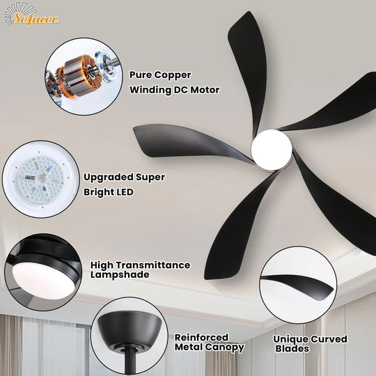 Sofucor 45/52 Inch Ceiling Fan with Remote & Lights Quiet DC Motor 5 Blade High CFM Modern Fan