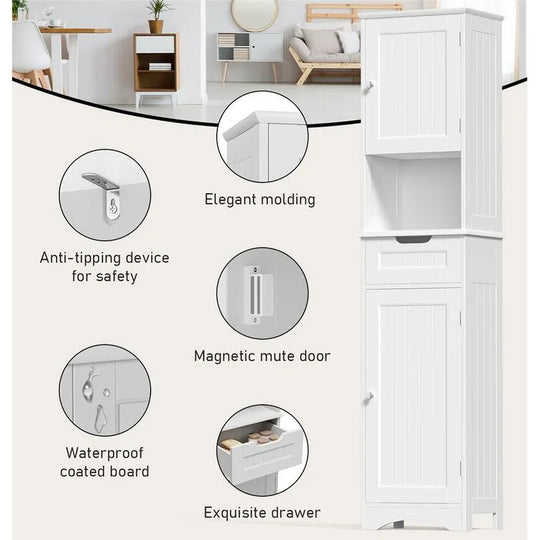 67'' Tall Bathroom Narrow Linen Cabinet, 5 Tiers Solid Wood Freestanding Storage Cabinet