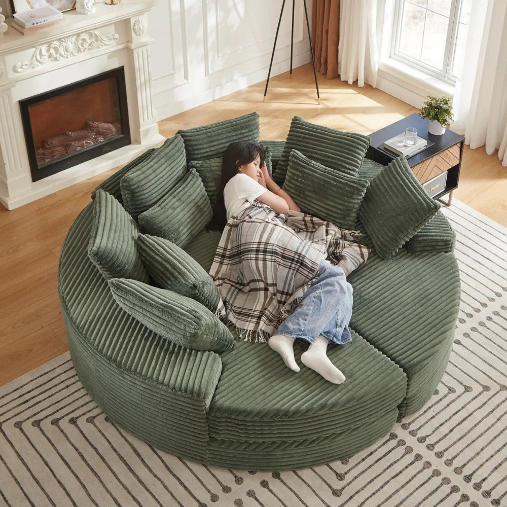 78.5" Corduroy round Oversized 2-In-1 Sofa Bed, Neck Pillow Design with Four Throw Pillows