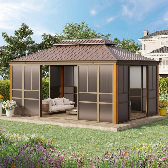 Outdoor Hardtop Sunroom Gazebo with Double Roof & Sliding Doors, All-Season Aluminum Outdoor Pergola, PE Screens&Lockable Design