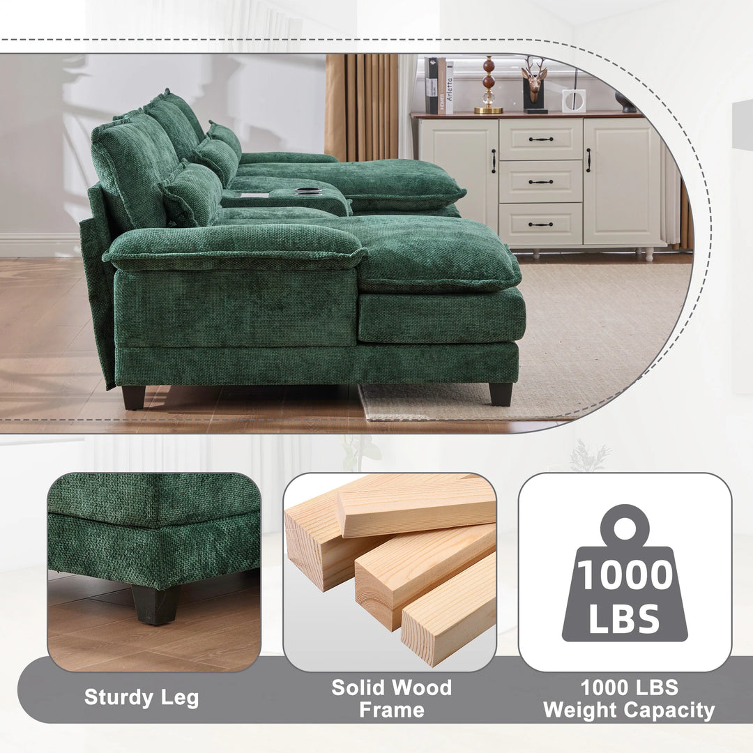 6-Seat Chenille Upholstered Modern U-Shaped Sectional Multifunctional Sofa with 2 Cup Holders,Pull-Out Storage Space