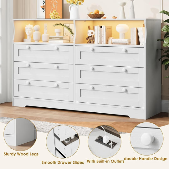 55" Black 6-Drawer Wood Dresser, Modern Storage Organizer for Bedroom, Living Room, Closet & Entryway