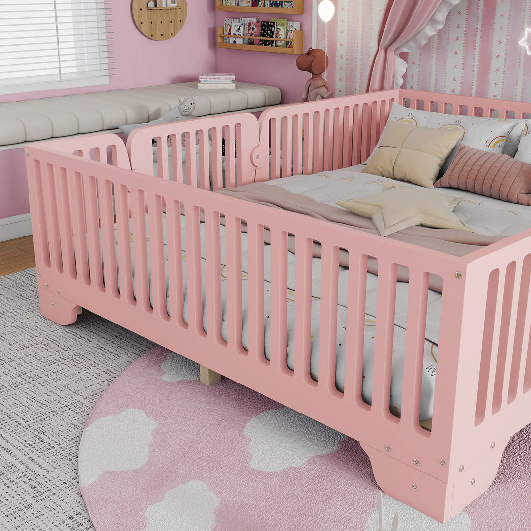 Full Size Montessori Floor Bed Frame with Safety Rails and Removable Door, Low Profile Kids Bed with Slatted Support