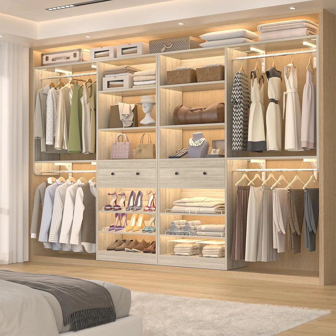 5FT Closet System with 2 Hanging Rods and Wooden Drawer, Walk-In Closet Organizer with 2 Wing Shelve and Adjustable Rack Shelves