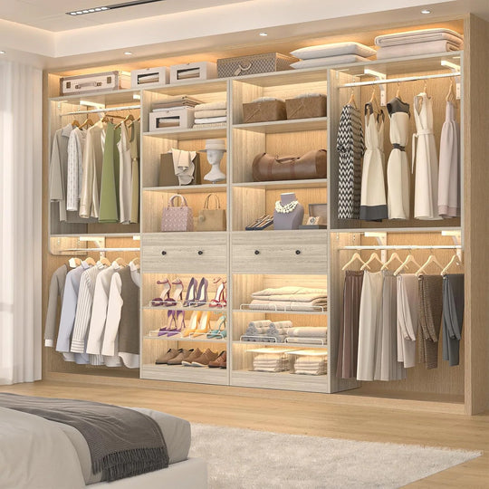 5FT Closet System with 2 Hanging Rods and Wooden Drawer, Walk-In Closet Organizer with 2 Wing Shelve and Adjustable Rack Shelves