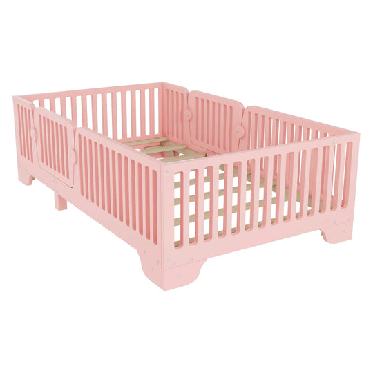 Full Size Montessori Floor Bed Frame with Safety Rails and Removable Door, Low Profile Kids Bed with Slatted Support