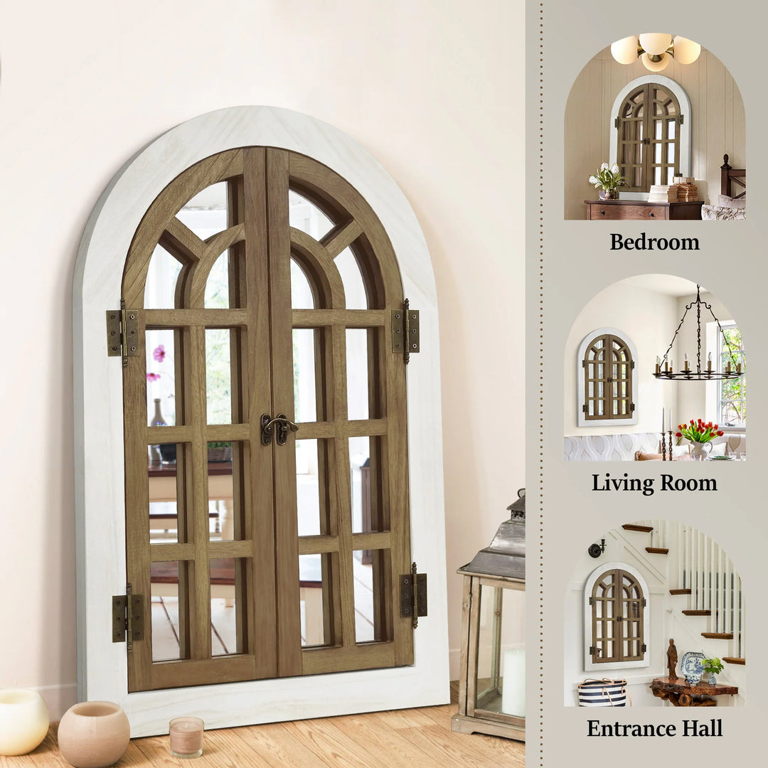 Vintage Wood Windowpane Arched Wall Mirror