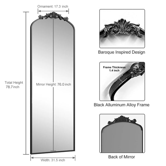 Arched Vintage Wall Mirror and Metal Frame Baroque Style Bathroom Vanity Mirror