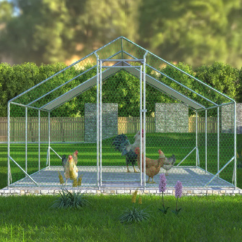 Crellen Metal Chicken Run Coop, Walk-In Poultry Cage with Waterproof & Anti-Uv Cover Lockable Door Design