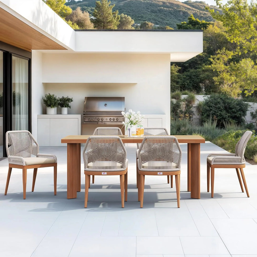 Dining Set Patio Metal Rectangular Table and Wicker Rattan Chairs for outside Porch Modern Outdoor Furniture Sets