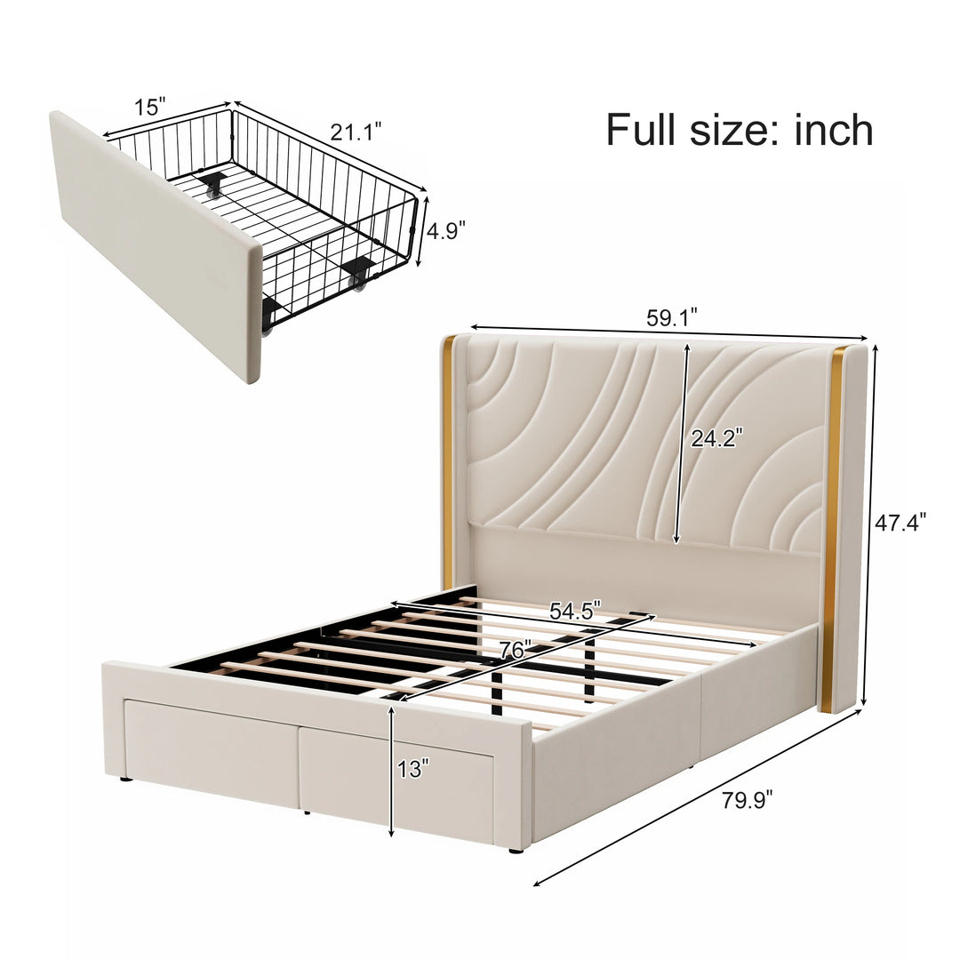 Velvet Upholstered Platform Bed with Smart Ambient Strip Lights Wingback Headboard and Endbed Pull-Out Storage Drawers