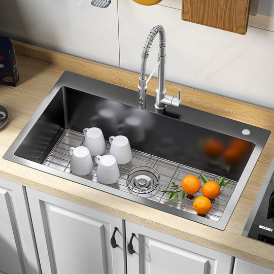 33 Inch Drop in Kitchen Sink Top Mount Stainless Steel Black Sink W/Sink Protector Single Bowl Drop-In Sink for Workstation