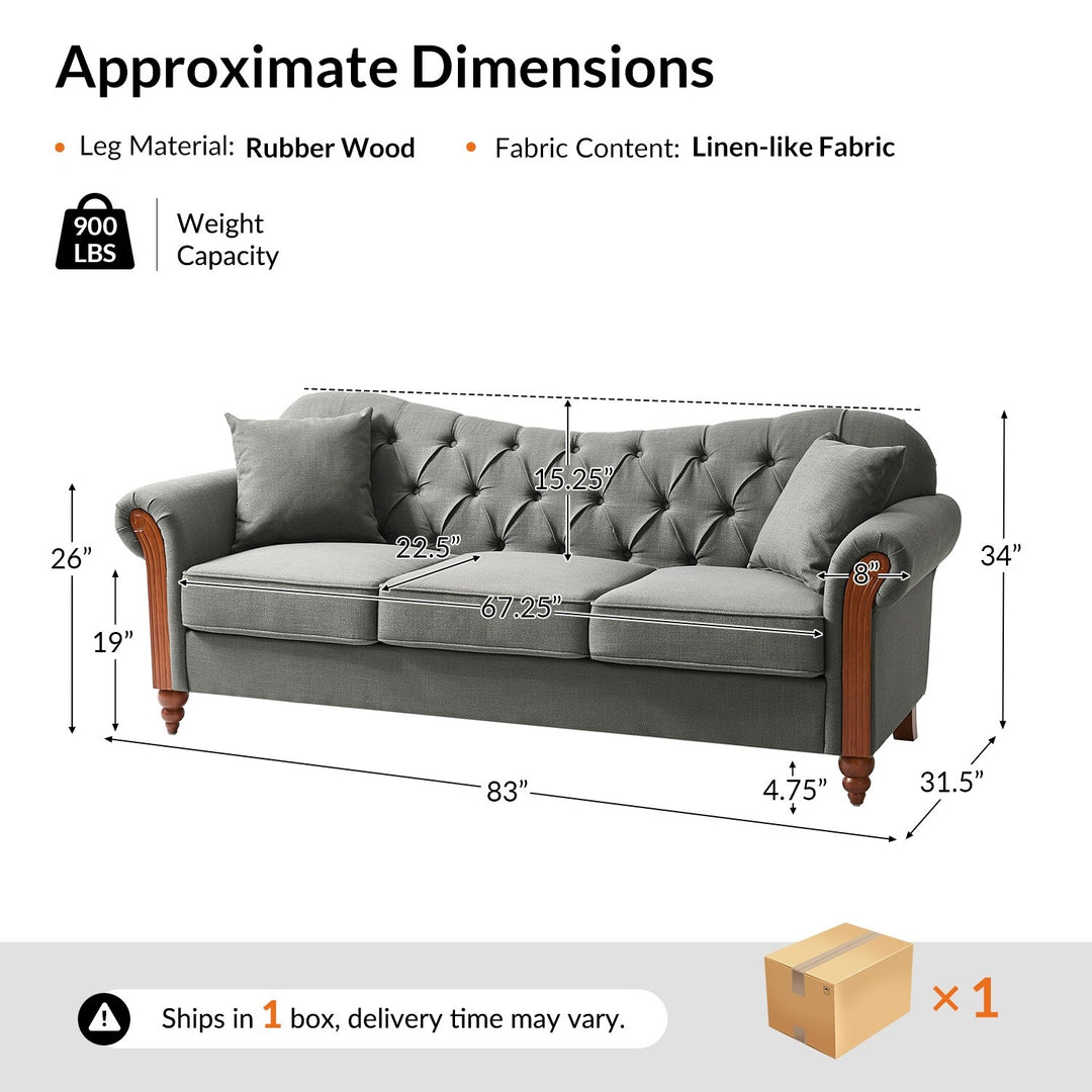 Mario Traditional 83"Wide Tufted Sofa with Solid Wood Legs and Pillows by