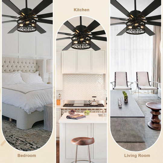 72" Rustic Large Ceiling Fan with Light and Remote 6-Speed 3-Light Farmhouse Metal Caged Black Ceiling Fan