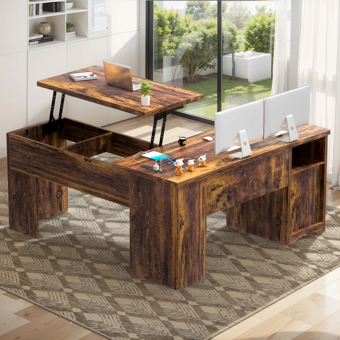 Modern Farmhouse Lift Top L-Shaped Desk with Charge Station, Corner Desk with File Drawers for Home Office