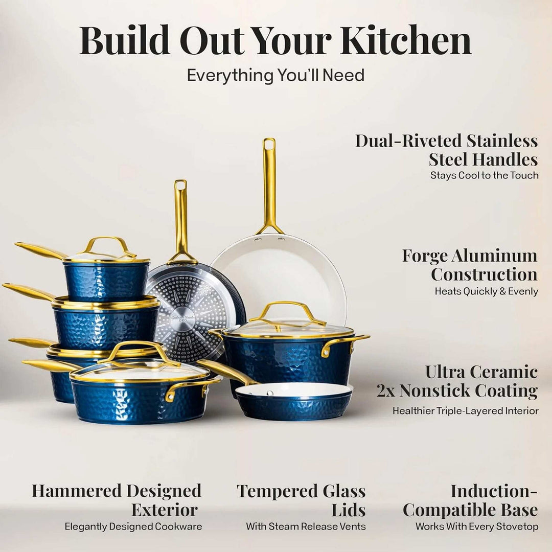 Pro Hammered 20 Piece Ceramic Nonstick Induction Cookware and Bakeware Pots and Pans Set