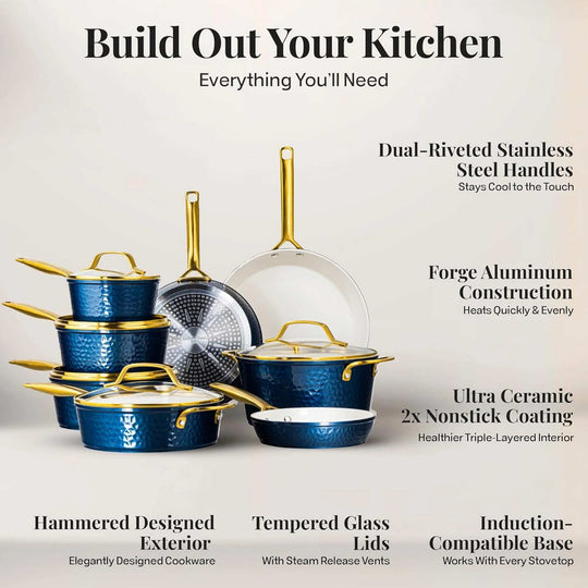 Pro Hammered 20 Piece Ceramic Nonstick Induction Cookware and Bakeware Pots and Pans Set