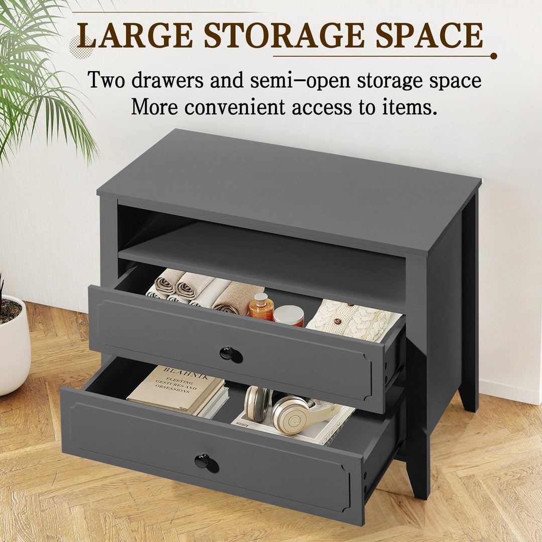 Wide Nightstand – 2‑Drawer Bedside Table with Open Shelf, MDF Wood End Table for Bedroom Living Room