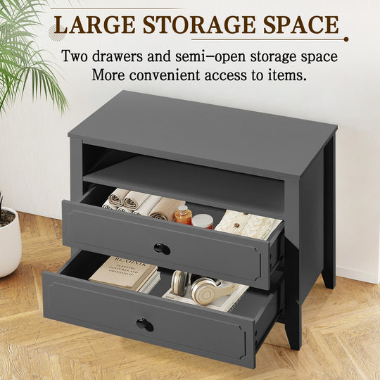 Wide Nightstand – 2‑Drawer Bedside Table with Open Shelf, MDF Wood End Table for Bedroom Living Room