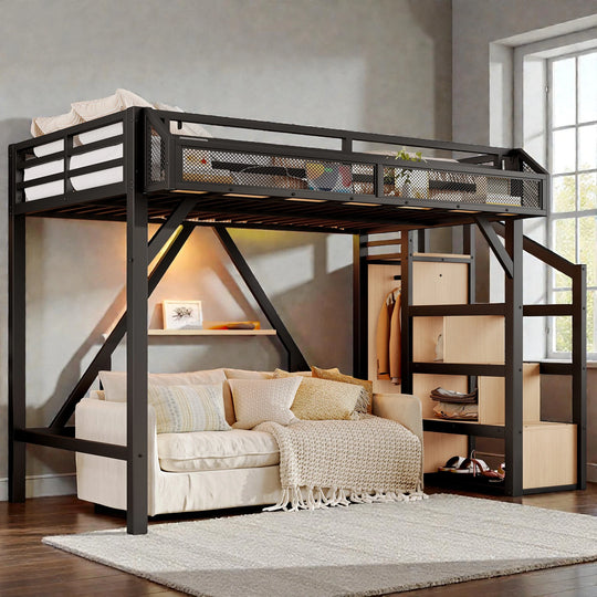 Metal Loft Bed with Storage Stairs, Built-In Wardrobe, Shelves, USB Ports, LED Lights & Noise-Reduced Frame
