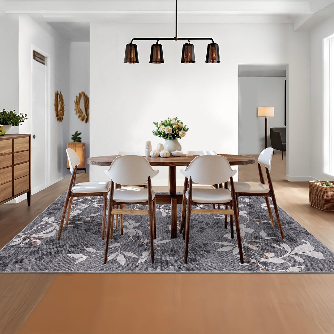 Modern Leaves Pattern Area Rug Botanical Print Washable Rugs for Living Room Bedroom Non-Slip Low Pile Floor Carpet