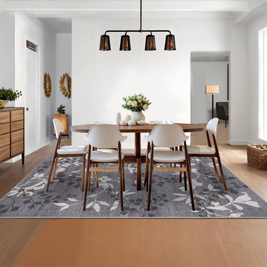 Modern Leaves Pattern Area Rug Botanical Print Washable Rugs for Living Room Bedroom Non-Slip Low Pile Floor Carpet