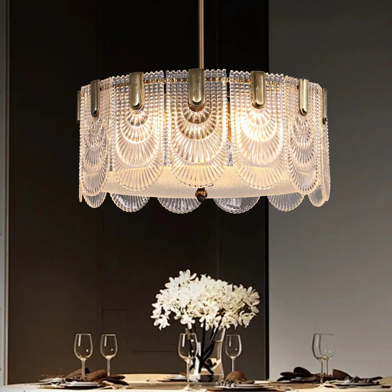 20 In. Gold Modern Glass Chandelier 5-Light Glam Dimmable Pendant Light Fixture for Dining Room