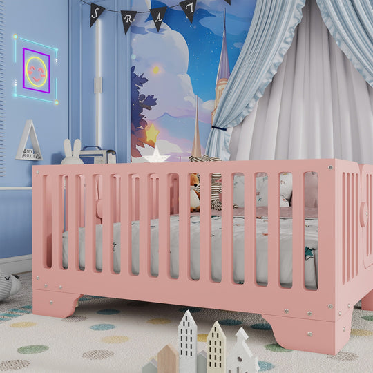Full Size Montessori Floor Bed Frame with Safety Rails and Removable Door, Low Profile Kids Bed with Slatted Support