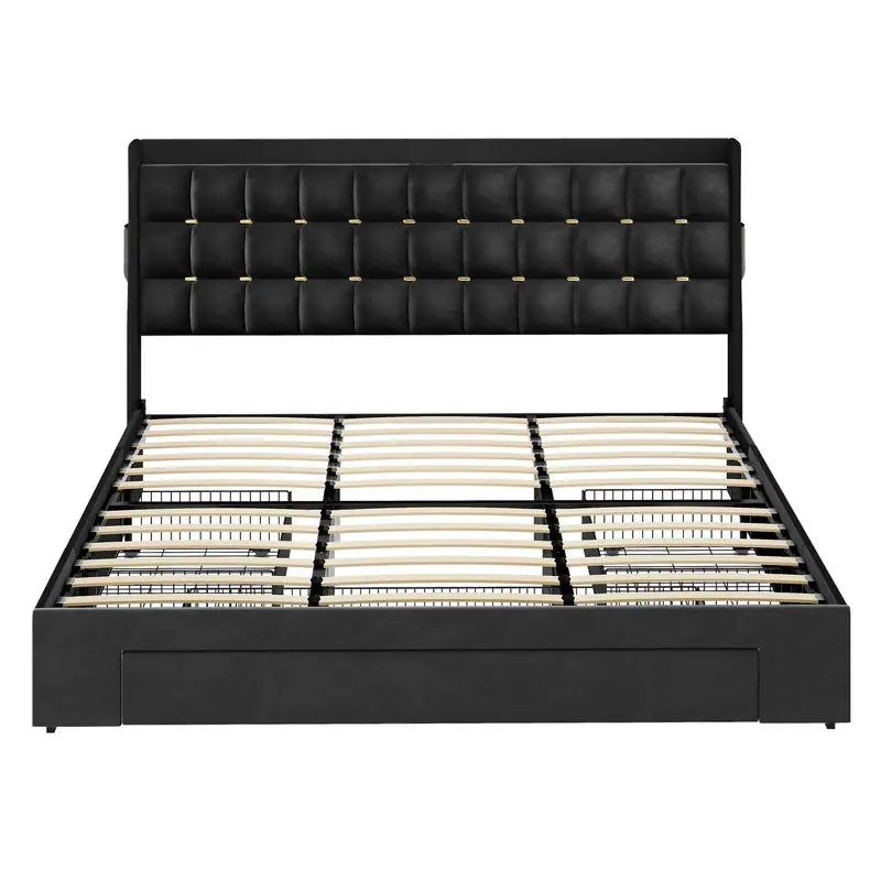 Queen/King Size Velvet Upholstered Bed with Charging Station and Storage Drawers
