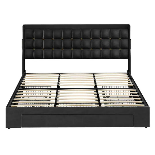 Queen/King Size Velvet Upholstered Bed with Charging Station and Storage Drawers