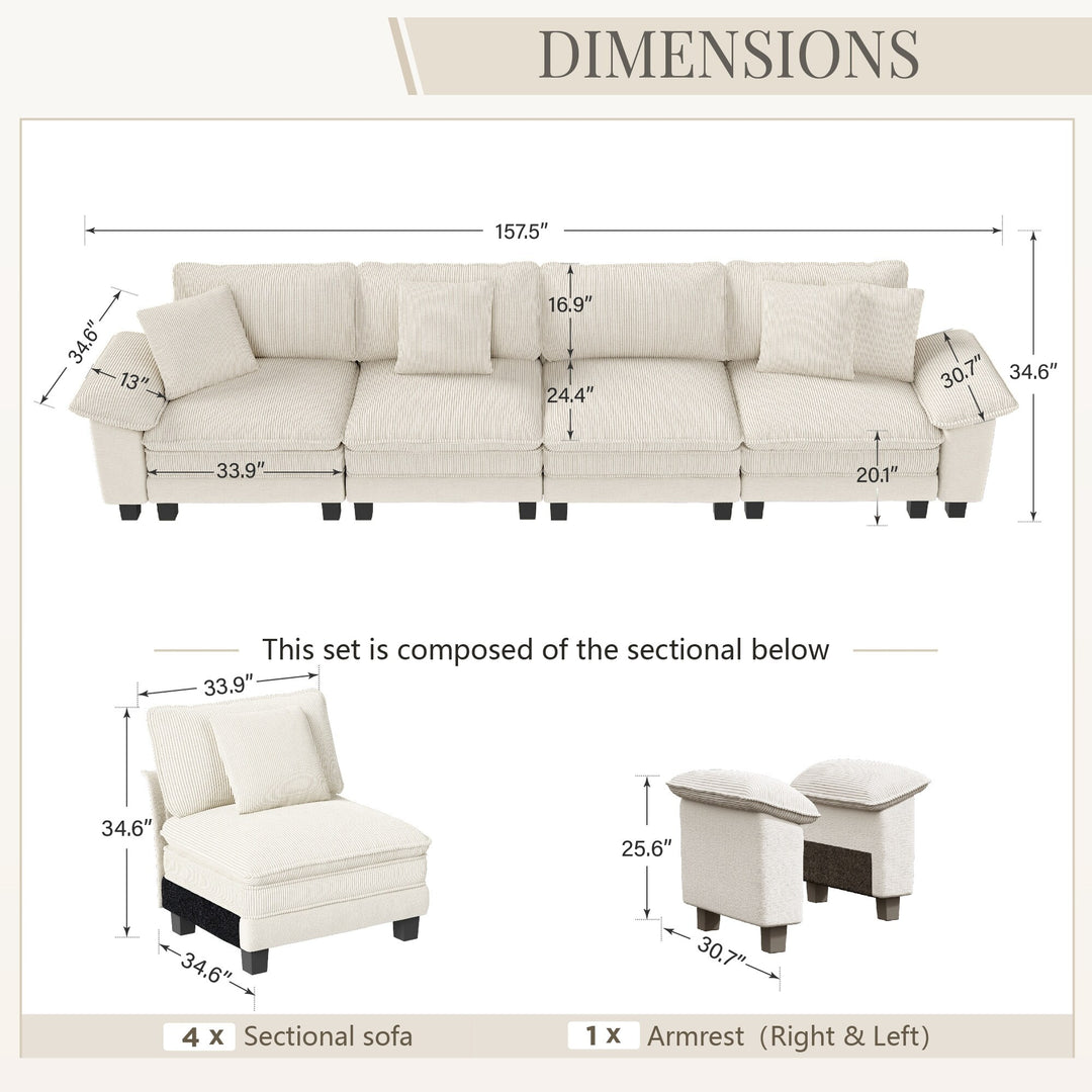 Cloud Modular Deep Seat Sofa, Chenille or Corduroy Sectional Couch with Removable Arms, 1–4 Seater