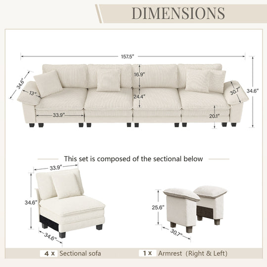 Cloud Modular Deep Seat Sofa, Chenille or Corduroy Sectional Couch with Removable Arms, 1–4 Seater