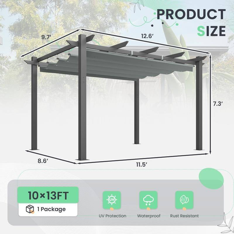 10' X 13' Outdoor Pergola with Retractable Canopy, Heavy-Duty Metal Frame and Adjustable Patio Shade Roof