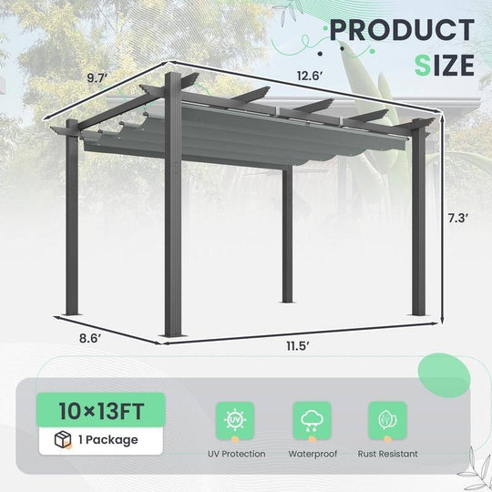 10' X 13' Outdoor Pergola with Retractable Canopy, Heavy-Duty Metal Frame and Adjustable Patio Shade Roof