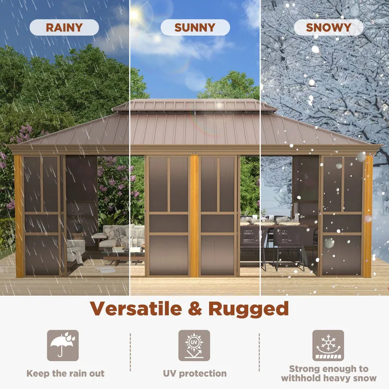 Outdoor Hardtop Sunroom Gazebo with Double Roof & Sliding Doors, All-Season Aluminum Outdoor Pergola, PE Screens&Lockable Design