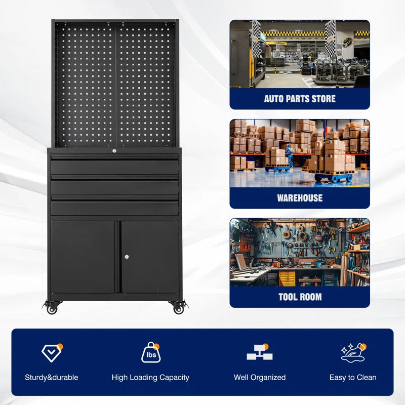 Metal Garage Storage Cabinet with Wheels,3-Drawer Rolling Tool Cabinet with 2 Door and Adjustable Shelves,- 71" Steel Tool Cabinet for Warehouse,Garage,Workshop