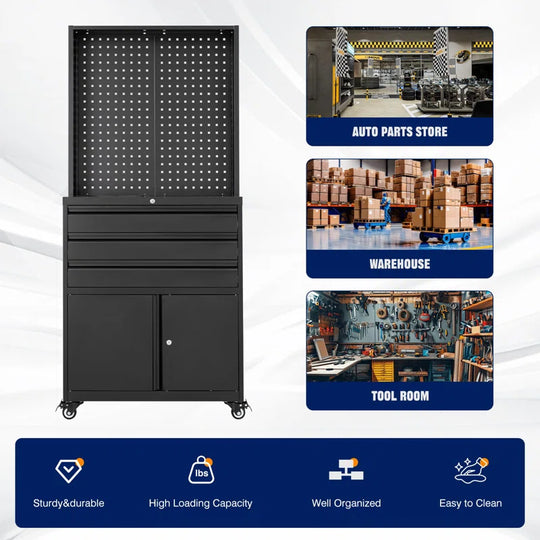 Metal Garage Storage Cabinet with Wheels,3-Drawer Rolling Tool Cabinet with 2 Door and Adjustable Shelves,- 71" Steel Tool Cabinet for Warehouse,Garage,Workshop