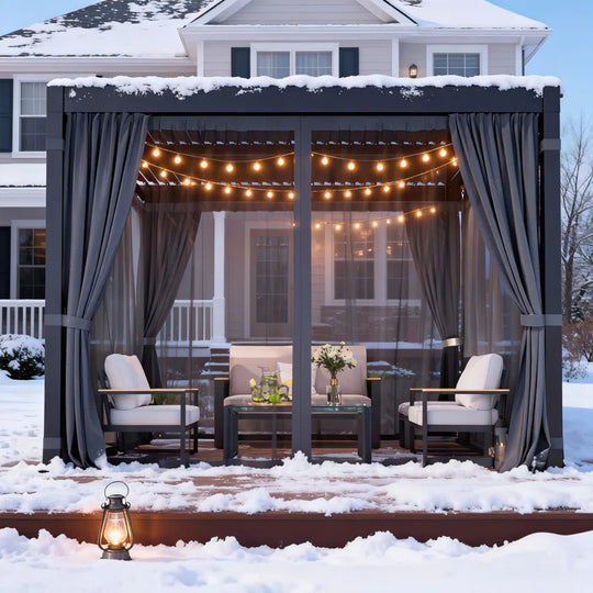 All Weather Pergola with Curtains & Netting, Dark Gray