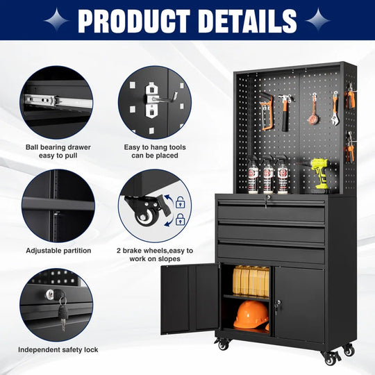 Metal Garage Storage Cabinet with Wheels,3-Drawer Rolling Tool Cabinet with 2 Door and Adjustable Shelves,- 71" Steel Tool Cabinet for Warehouse,Garage,Workshop