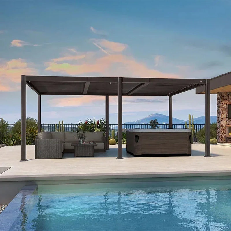 Solar Louvered Pergola with LED String Lights Aluminum Outdoor Pergola with Adjustable Roof for Patio Garden