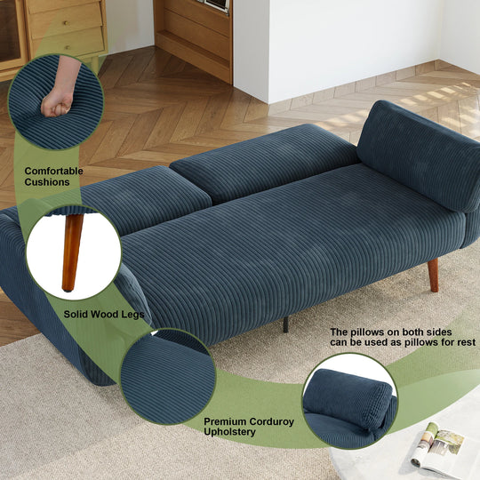 73" W Upholstered Corduroy Convertible Sleeper Sofa Bed with Pillows