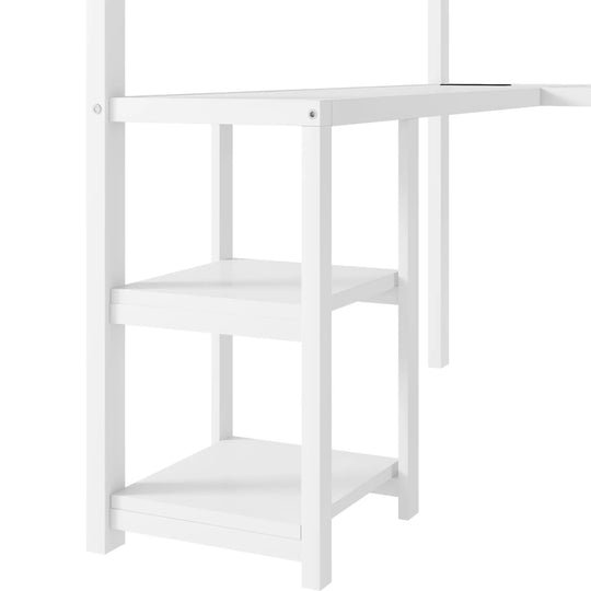 Metal Queen Loft Bed W/ Wardrobe & LED Light L Shaped Desk USB for Kids Teens Adults - White