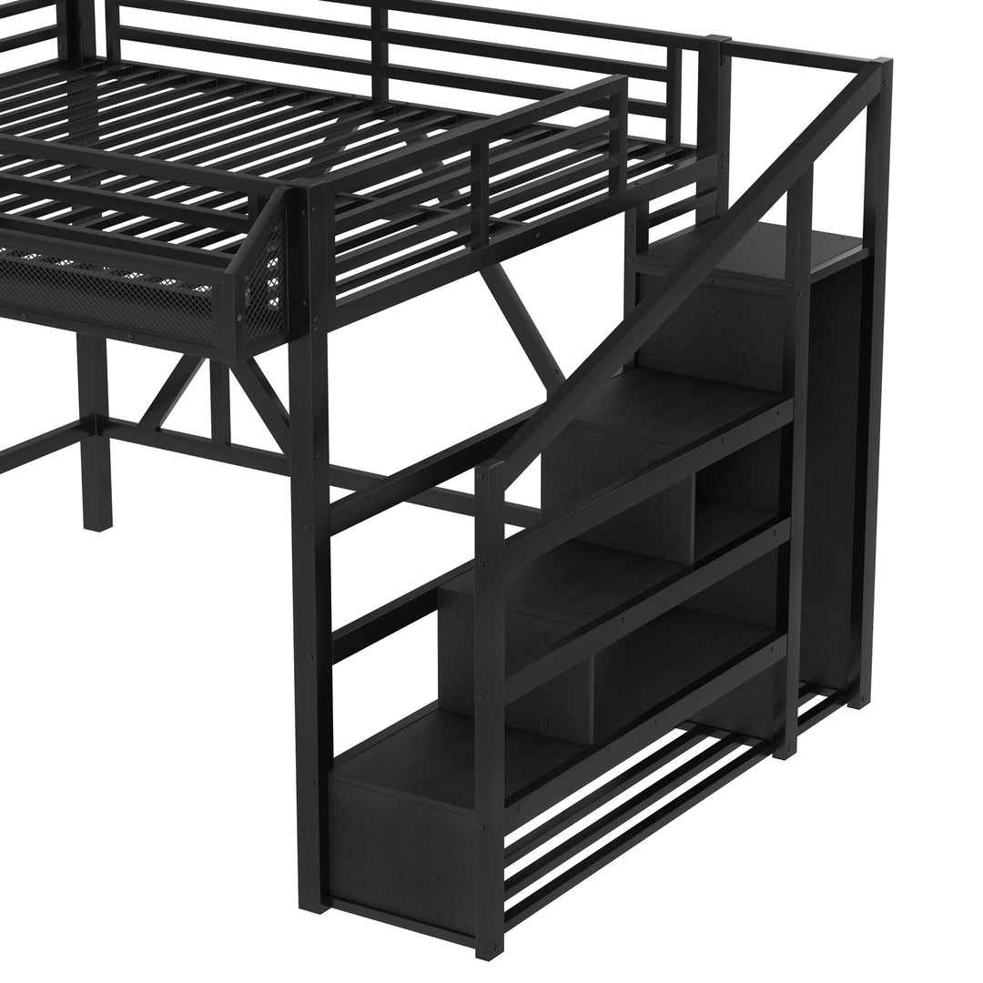 Storage Stairs Loft Bed Queen Size Metal Bed Frame with Built-In Wardrobe, Shelves, Light Strip and Charging Station