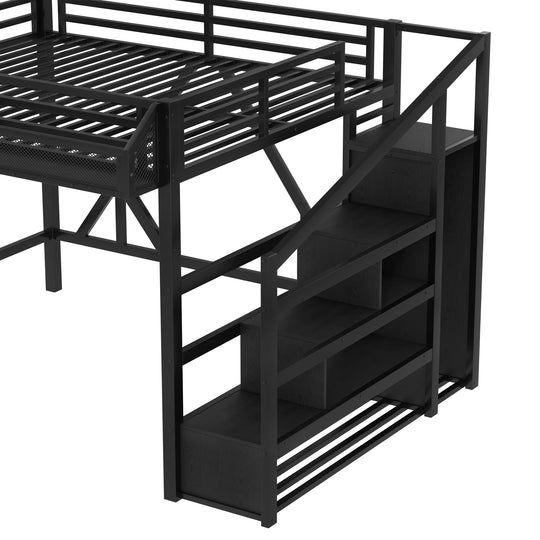 Storage Stairs Loft Bed Queen Size Metal Bed Frame with Built-In Wardrobe, Shelves, Light Strip and Charging Station