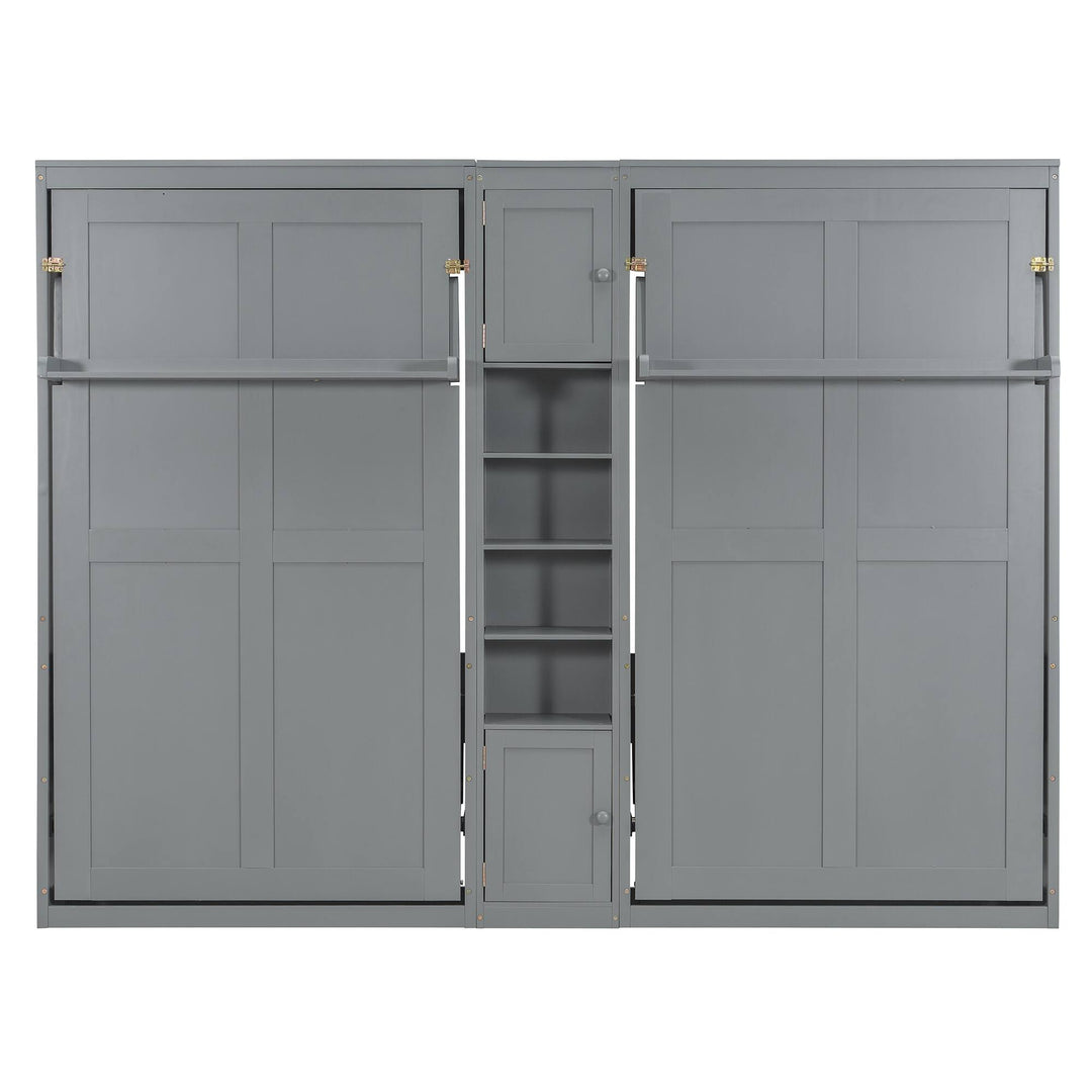 Dual Twin Size Wall Murphy Beds with Cabinets and Shelves, Space-Saving Design